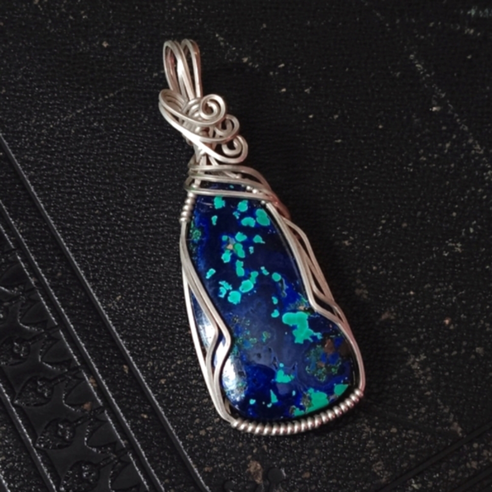 Azurite Chrysocolla Pendant - Blue Silver Turquoise Wire Wrapped Mermaid Jewelry